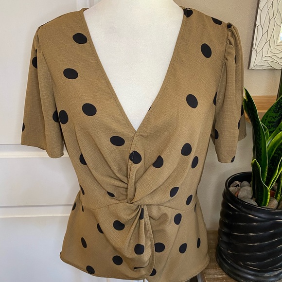 OLM Polka Dot Twist Front V Neck Blouse - Picture 3 of 11